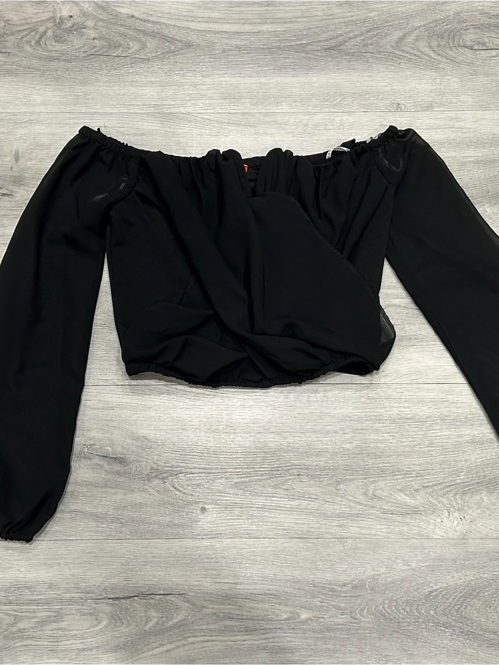 Guess Black Off-Shoulder Crop Top with Red Logo Tag
